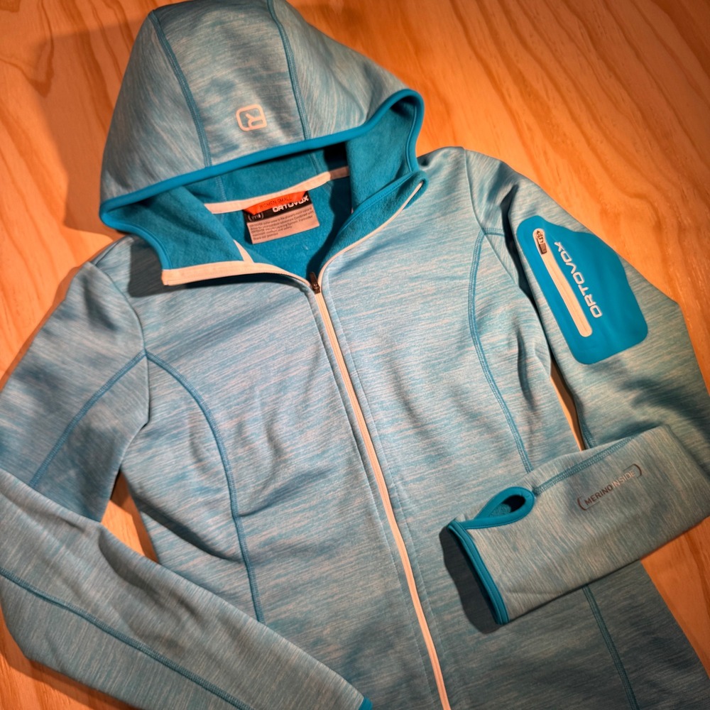 Ortovox Women Small Merino Fleece Light Hoody Blue Full Zip Technical Mid Layer